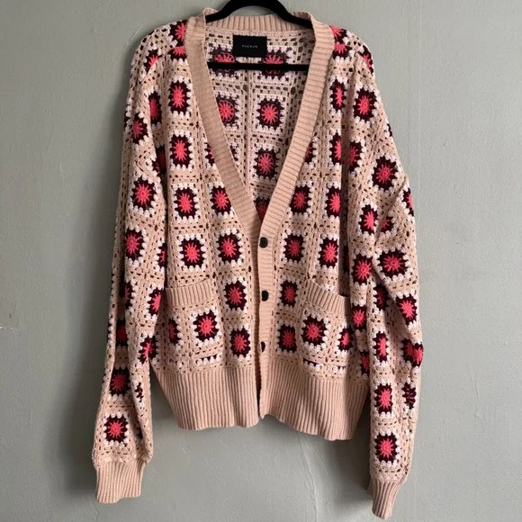 PacSun Womens Large Crochet Granny Square Cardigan Pink Tan Cotton Knit Sweater - Picture 10 of 13